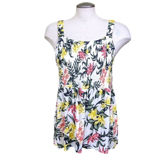 Womens M Smocked Tank Top Hawaiian Print Wide Strap Babydoll Y2K Square Neck - Picture 1 of 6